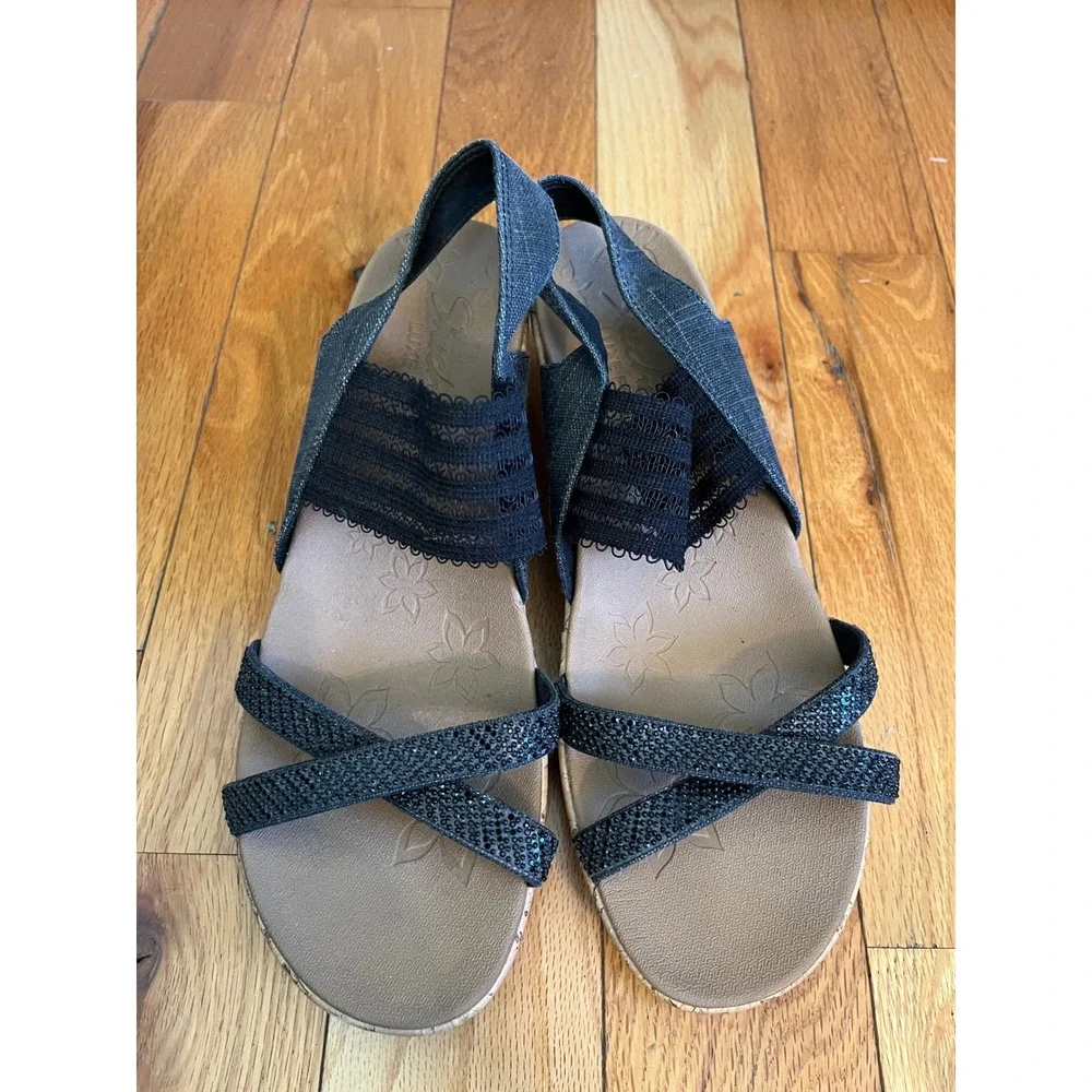 Skechers Beverlee‎ Luxe Foam Wedge Sandals Denim Black Sz 10 Cork Look Heel